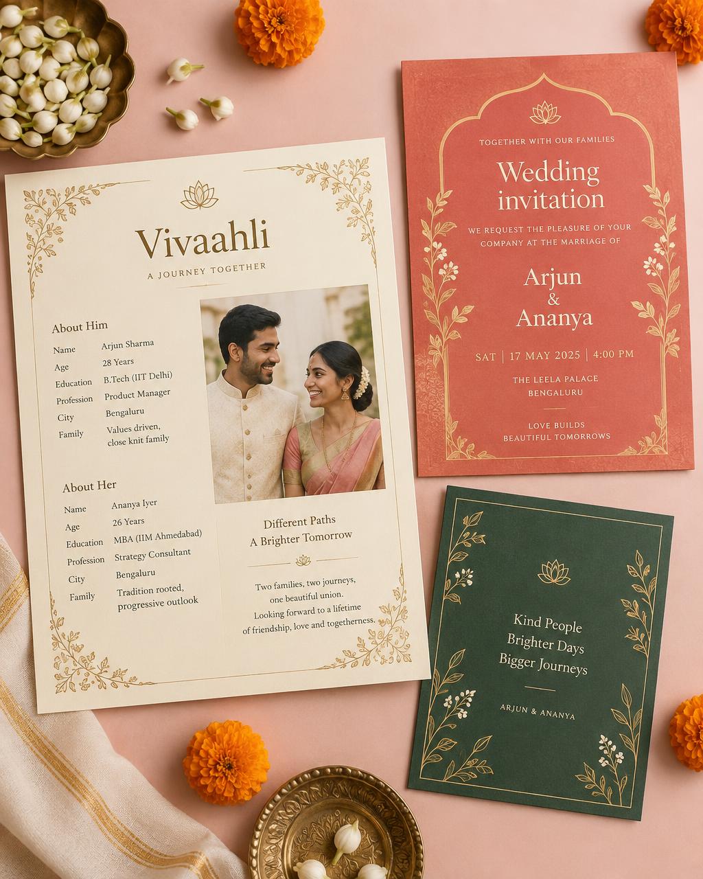 Editorial illustration of wedding biodata and invitation designs